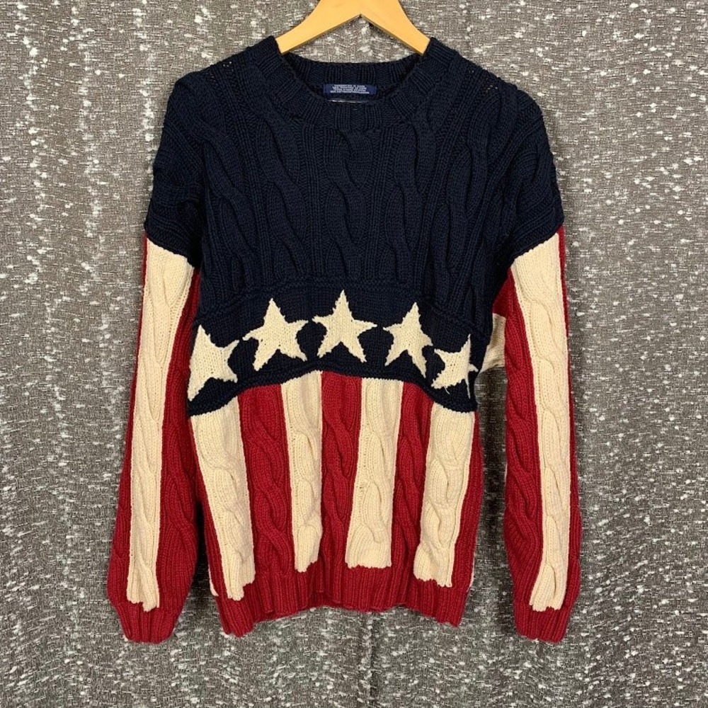Tommy Hilfiger Vintage American Flag Cable Knit Sweater Stars Stripes Men's L